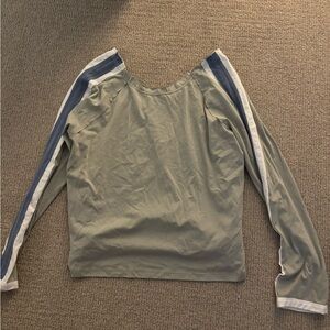 Green Long Sleeve Shirt with Blue and White Stripes